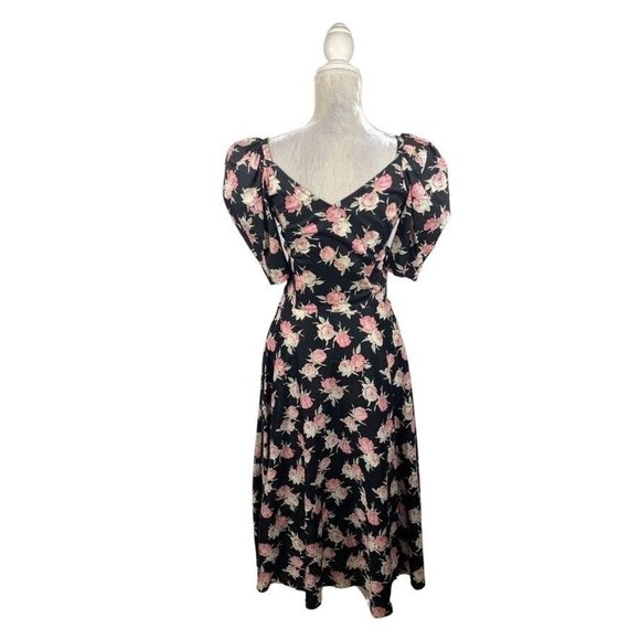 Eileen West Floral Midi Dress Puff Sleeve Bow Sweetheart Neck Cottage Prairie 10 - Picture 6 of 14